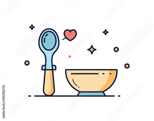 Baby feeding spoon theme represented by a small rounded spoon paired with a tiny heart accent and a bowl icon. The composition conveys care, nurturing, and