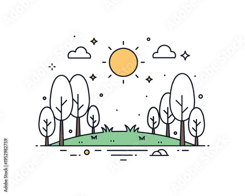 Glade sunlit forest clearing surrounded by simple tree silhouettes with soft grass patch in the center and subtle sparkle accents, expressing tranquility,