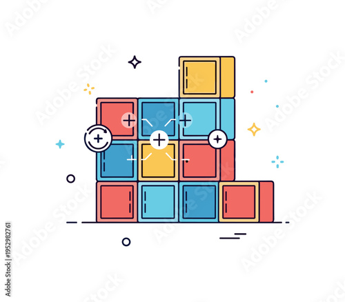 Modular shelving systems concept centered on stackable cube units arranged in a flexible grid with subtle plus icons indicating expansion,