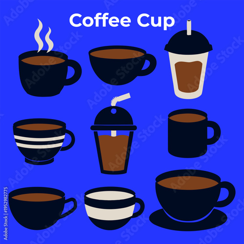 Coffee Cup Collection Vector on Blue Background, Modern Cafe Drink Set
