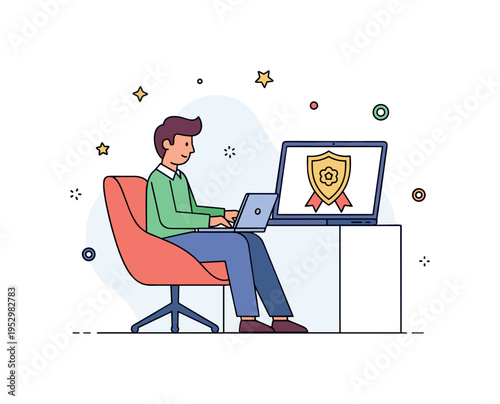 Corporate certification training professional in a modern chair engaging with a laptop displaying a shield badge icon, symbolizing credibility and industry