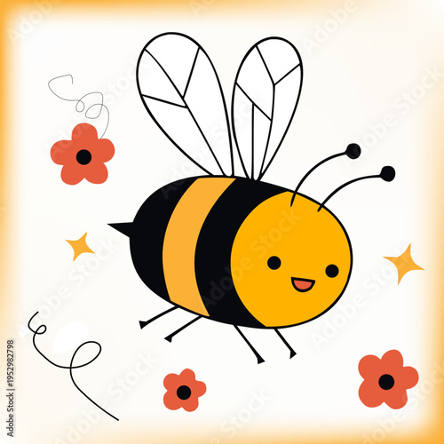Cute Flying Bee with Flowers Cartoon Vector, Spring Nature Illustration