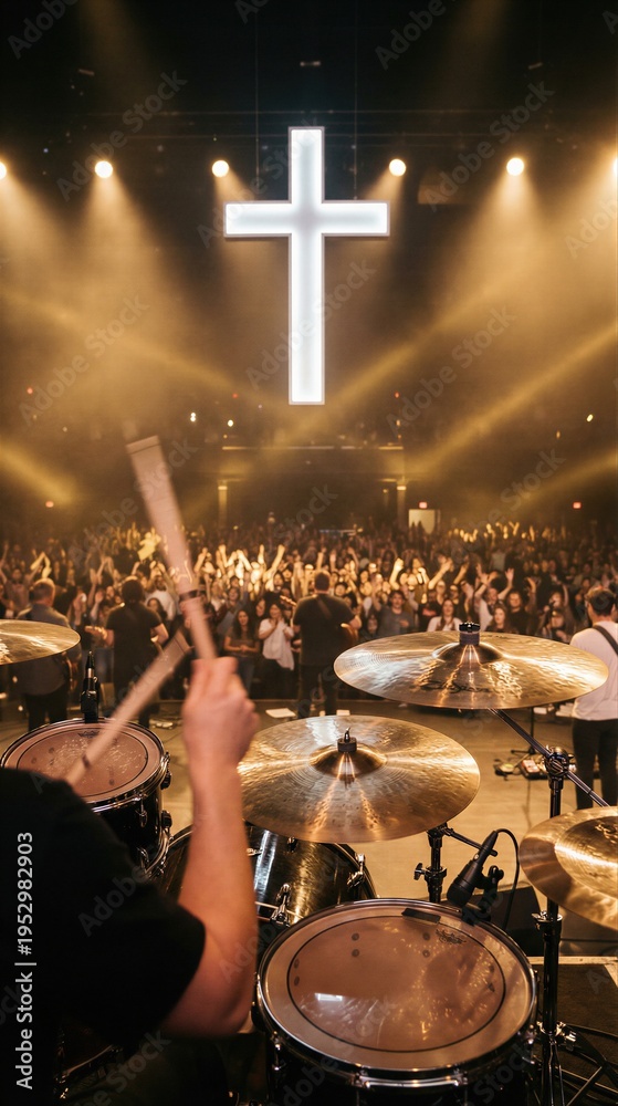 Naklejka premium A drummer on stage during a worship service with a large congregation and a bright cross at modern church event