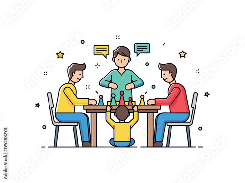 Family fun board game evening concept featuring seated figures around a small table with simplified game pieces at the center. A clean editorial symbol of