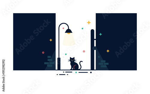 Dark alley cat under streetlight theme featuring a small cat silhouette sitting beneath a glowing lamp in a narrow passage. The scene communicates quiet night