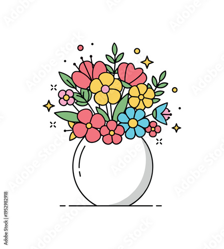 Spring blossom vase decor centered on a bright arrangement of mixed flowers with varied petal shapes, suggesting renewal and seasonal freshness. The compact