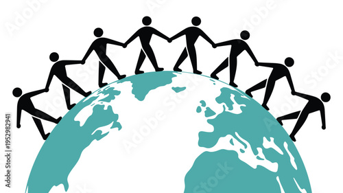 figures holding hands on a globe, symbolizing worldwide cooperation, unity, teamwork, global partnership, diversity, togetherness, international collaboration, connection, vector illustration for 