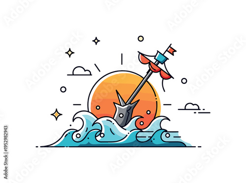 Shipwreck at sunset broken mast protruding from stylized waves with a glowing sun behind, illustrating dramatic seascape and storytelling atmosphere.