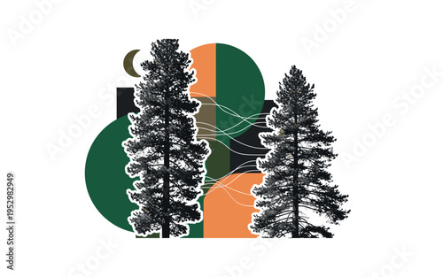 Black and white tall trees with detailed branches as the main object, retro photographic forest texture, cut-out effect with white outline, layered over bold