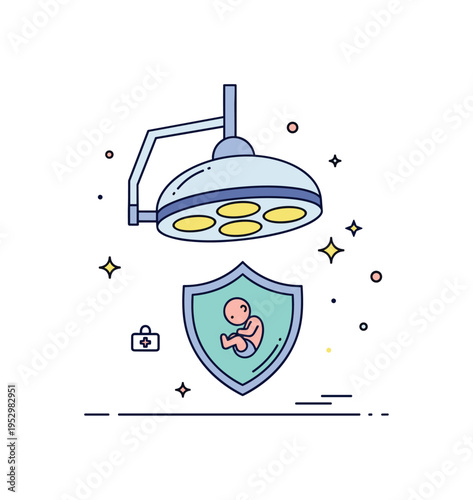 Cesarean section procedure concept featuring a clean surgical lamp shape above a protective shield enclosing a baby symbol. A balanced editorial
