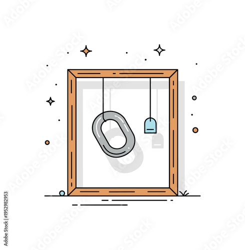 Modern art installation compact gallery scene featuring a wooden frame holding a suspended metal shape and a small glass accent, expressing curated