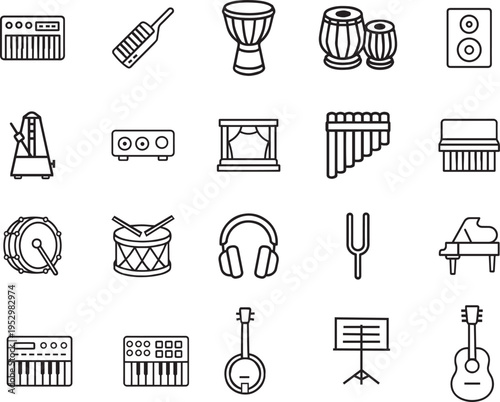 Music vector icon set, keyboard, melodica, djembe, tabla, speaker, metronome, mixer, stage, panpipes, accordion, drums, headphones, tuning fork, piano, banjo, guitar, music stand