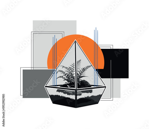 Black and white geometric glass pyramid terrarium with delicate fern inside, large orange semicircle rising behind like controlled sunlight, thin blue vertical