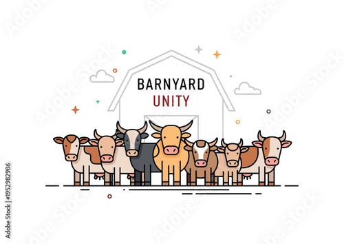 Barnyard animals unity theme illustrated with several simplified livestock figures standing side by side in front of a subtle barn outline, symbolizing