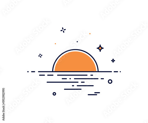 Sea horizon sunset glow illustrated by a warm semicircle sun dipping into smooth water lines with tiny star accents beginning to appear above. A peaceful