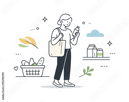 Bag shopping. A person calmly holding a tote bag while browsing items, suggesting everyday errands and mindful choices. Light abstract shapes add a relaxed