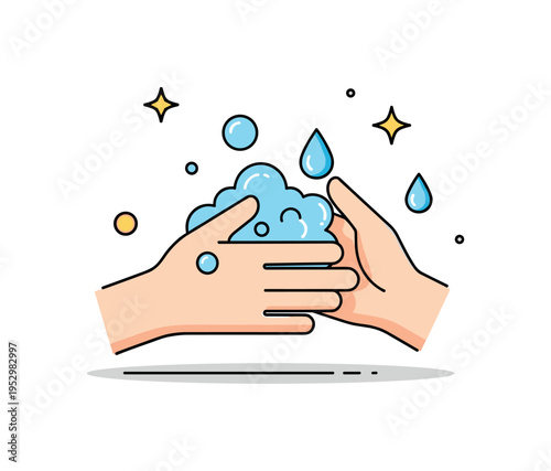 Handwashing routine close up of hands with soap bubbles and gentle water drops, conveying protection against germs and responsible personal hygiene. Minimalist
