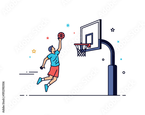 Street basketball urban playground energy captured through a single player mid jump reaching toward a simplified hoop with a bold backboard silhouette. The