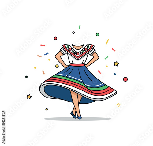 Mexican folkloric costume vibrant layered skirt and embroidered blouse swirling in motion with tiny confetti accents, expressing color, dance and festive