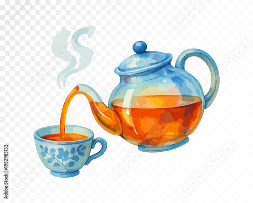 Glass teapot pouring hot amber tea into a blue floral cup, cozy beverage clipart in watercolor style for cafe menu, kitchen decor, breakfast branding and drink design. Vector illustration