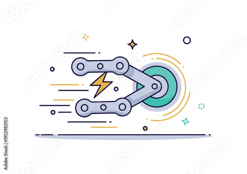 Bicycle chain power transmission concept illustrated by a stylized chain connected to a pedal crank shape with dynamic speed lines. The scene expresses energy