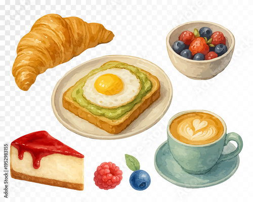 Cozy breakfast set with croissant, avocado toast, fried egg, berries, cheesecake slice, coffee cup and fruit bowl, stylish brunch clipart collection for cafe menu and kitchen design. Vector