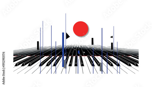 Black and white piano keys viewed from above forming strong perspective lines, bright red circle hovering above the center keys, thin blue vertical lines