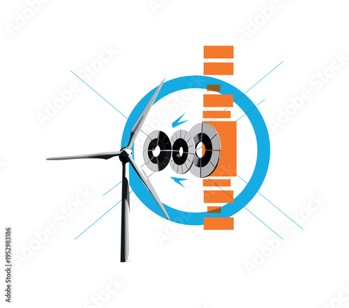 Black and white wind turbine blades transforming into abstract circular storage disks, bright blue halo and orange rectangular blocks stacked vertically, thin