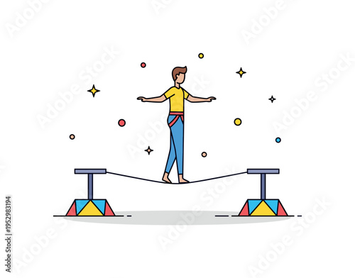 Tightrope walkers slender performer balancing carefully on a thin rope stretched between two minimal platforms, expressing focus, precision and the art of