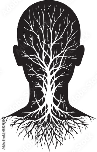 Silhouette of a human head with tree roots and branches