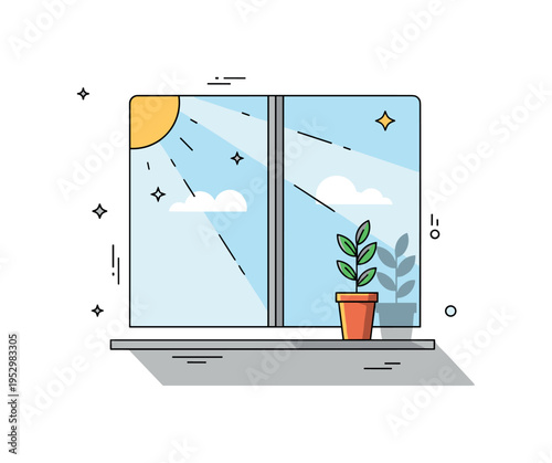 Sun rays hitting a windowsill with a small potted plant casting soft shadows, conveying natural light, growth, and serene indoor environment. Subtle star