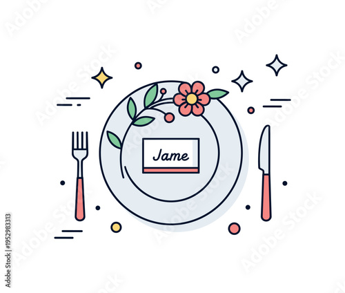 Wedding reception table decor built around a plate with a name card and delicate floral element, expressing romance, organization, and ceremonial beauty. A