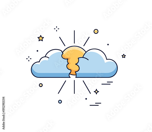 Sun breaking through clouds illustrated with parted cloud shapes revealing radiant beams, conveying hope, transition, and clearing skies. A warm visual