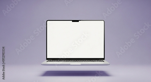 Floating silver laptop with blank screen and keyboard on purple surface, eye‑level product photo