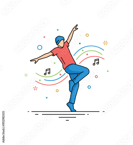 Street dance performance moment illustrated through a dynamic dancer silhouette with rhythmic motion curves and small musical notes, conveying movement,