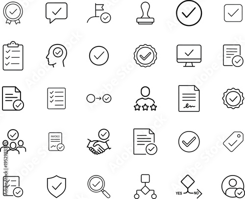 Approval vector icon set, checkmark, ribbon, speech, flag, stamp, clipboard, document, checklist, process, user, stars, signature, handshake, shield, search, flowchart, tag, decision