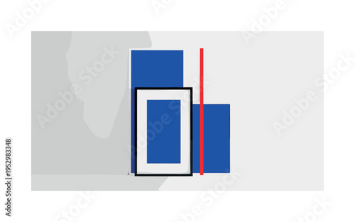 Black and white oversized picture frame leaning against a wall, bold electric blue abstract block behind it for contrast, thin red vertical line dividing the