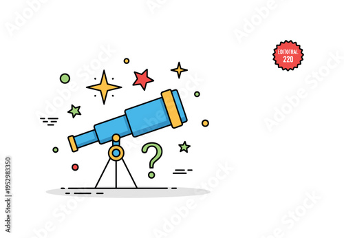 Curiosity about the universe concept centered on a telescope and a subtle question mark integrated among star icons, expressing inquiry and intellectual