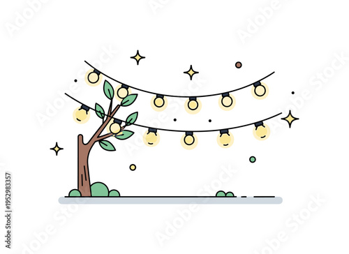 Backyard ambiance concept string of fairy lights draped across a small tree branch with soft glowing bulbs and gentle sparkles, symbolizing warmth and inviting