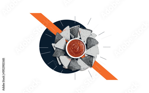 Monochrome tortilla chips arranged around a bowl of salsa in dramatic contrast, vintage feel, large abstract circle behind in deep navy symbolizing community