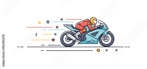 Motorcycle high speed chase with a rider leaning forward in aerodynamic posture symbolizing velocity and sharp maneuvering. Clean streak lines and minimal road