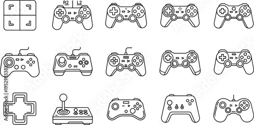 Gaming controller line icon set featuring gamepads, joysticks, arcade consoles, and D-pad symbols for video games and digital entertainment design.