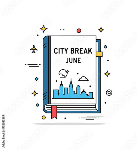 City break guidebook for June showing a closed book with a skyline silhouette and subtle star accents, expressing cultural exploration and urban discovery