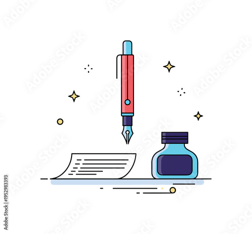 Script practice scene compact desk setup with calligraphy pen, ink bottle and a small guideline sheet beneath, representing dedication and skill development in