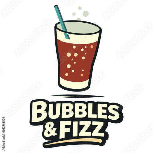 Illustrated fizzy drink in a tall glass with bubbles and a straw perfect for logos branding and promotional materials