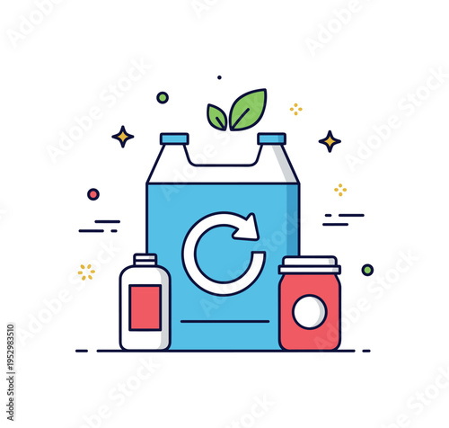 Reusable packaging system durable container with small circular arrow loop and leaf detail, expressing refill models and sustainable retail innovation.