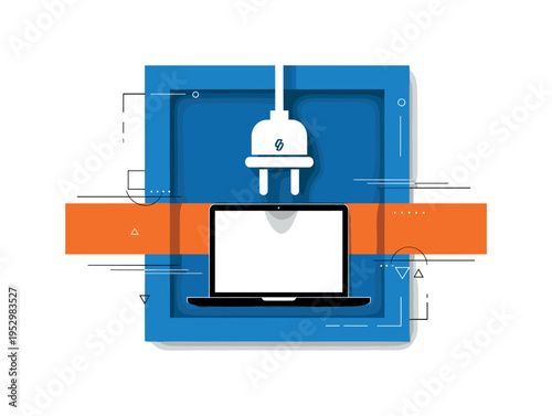 Black and white laptop silhouette with oversized plug icon hovering above disconnected, bold blue square framing the laptop, orange horizontal stripe across