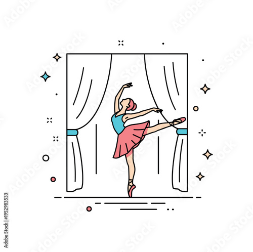 Ballet stage scene with a dancer poised in arabesque against a minimal curtain backdrop symbolizing dedication and artistry. Soft star accents emphasize