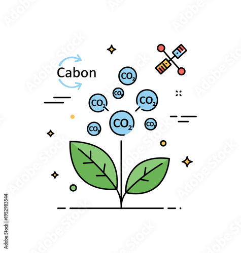 Carbon absorbing bio innovation illustrated through a stylized plant leaf capturing small CO2 symbols with a faint gene editing icon nearby, conveying climate