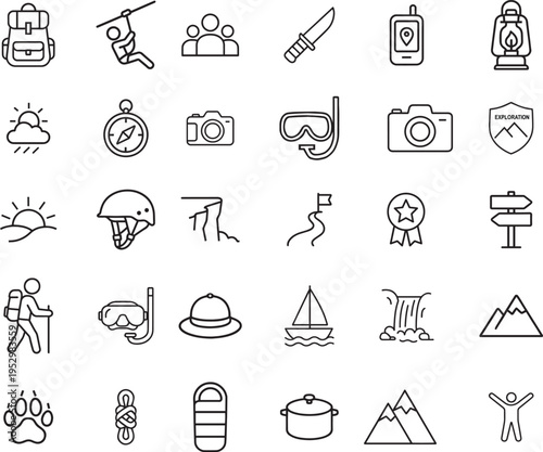 Adventure vector icon set, backpack, zipline, knife, GPS, compass, camera, diving mask, helmet, cliff, trail, signpost, hiker, sailboat, waterfall, mountain, sleeping bag